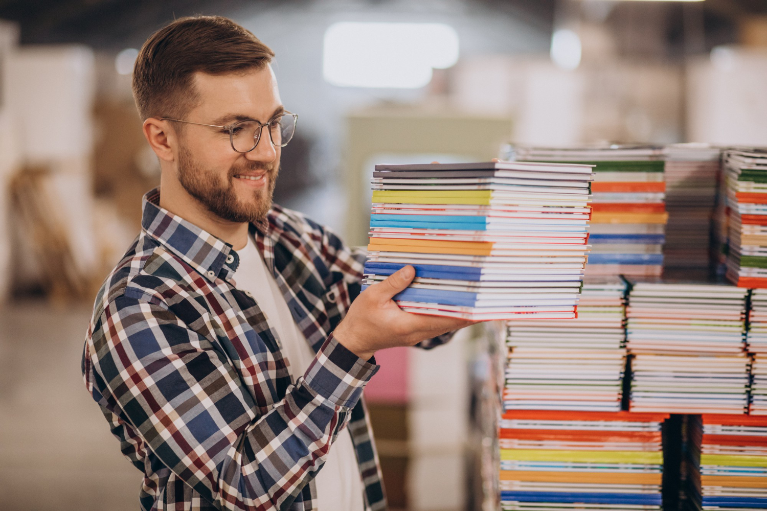 Homem ruivo segurando uma pilha dos livros