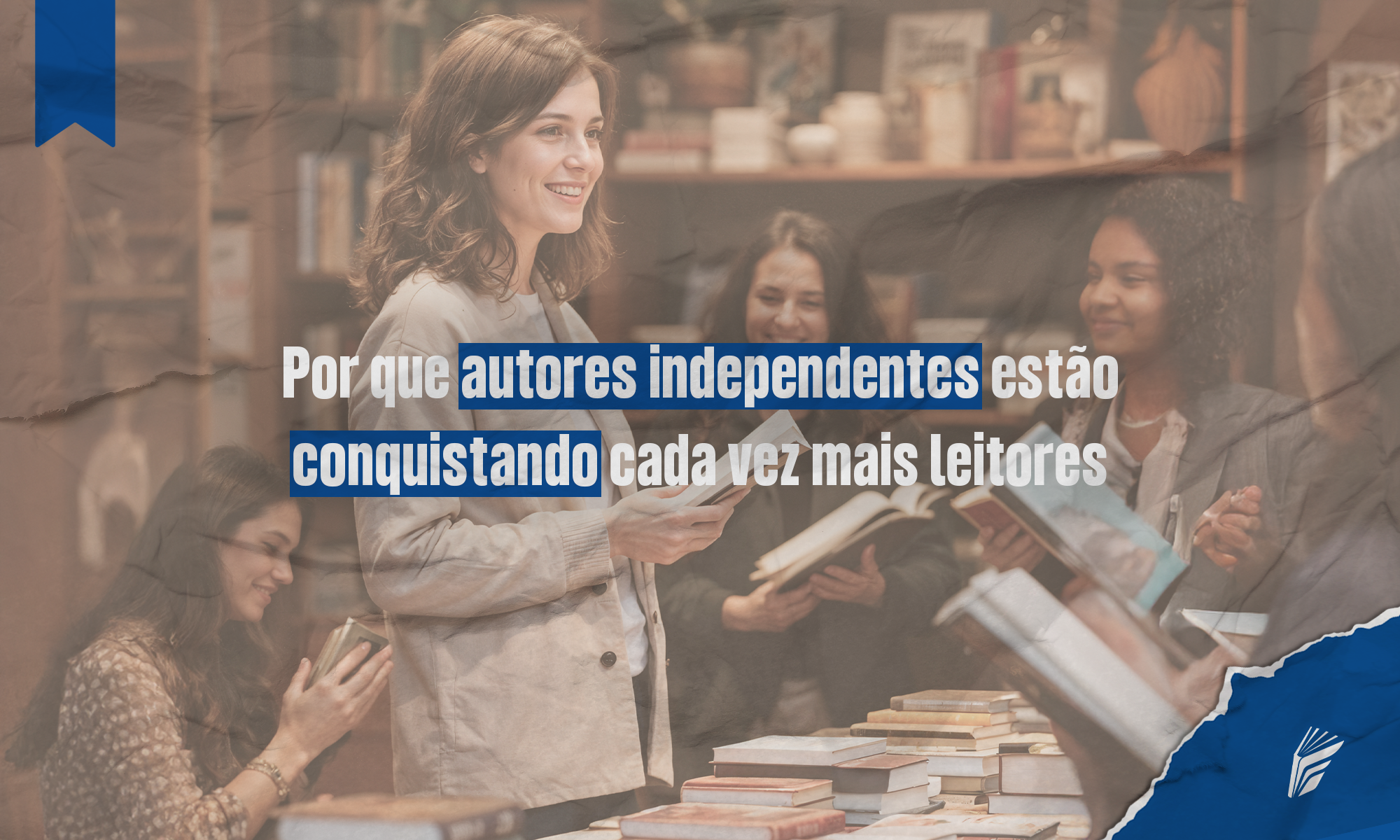 Autores independentes interagindo com leitores e apresentando seus livros em eventos literários.