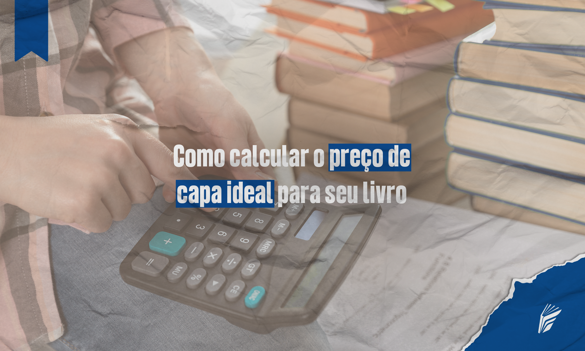 Autor calculando o preço de capa do livro com planilha e exemplares impressos ao lado.