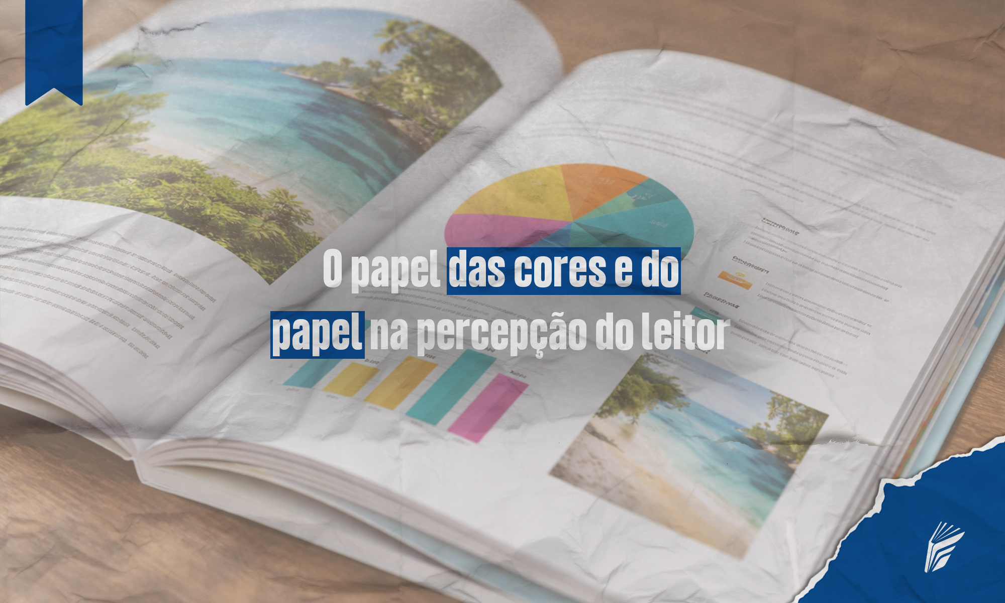 Livro aberto destacando o papel e as cores que influenciam a percepção do leitor.