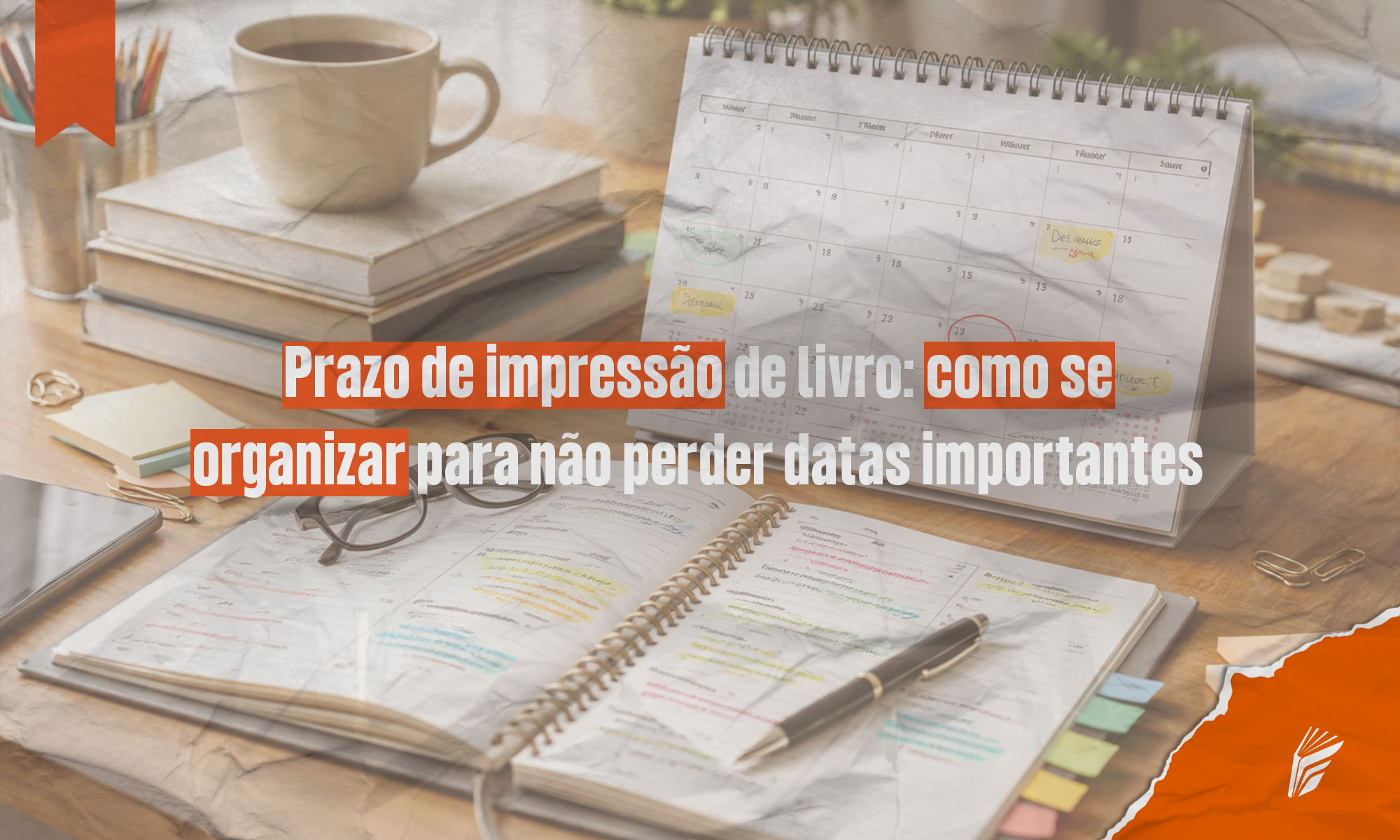Planejamento de prazos para impressão de livros com calendário e anotações.