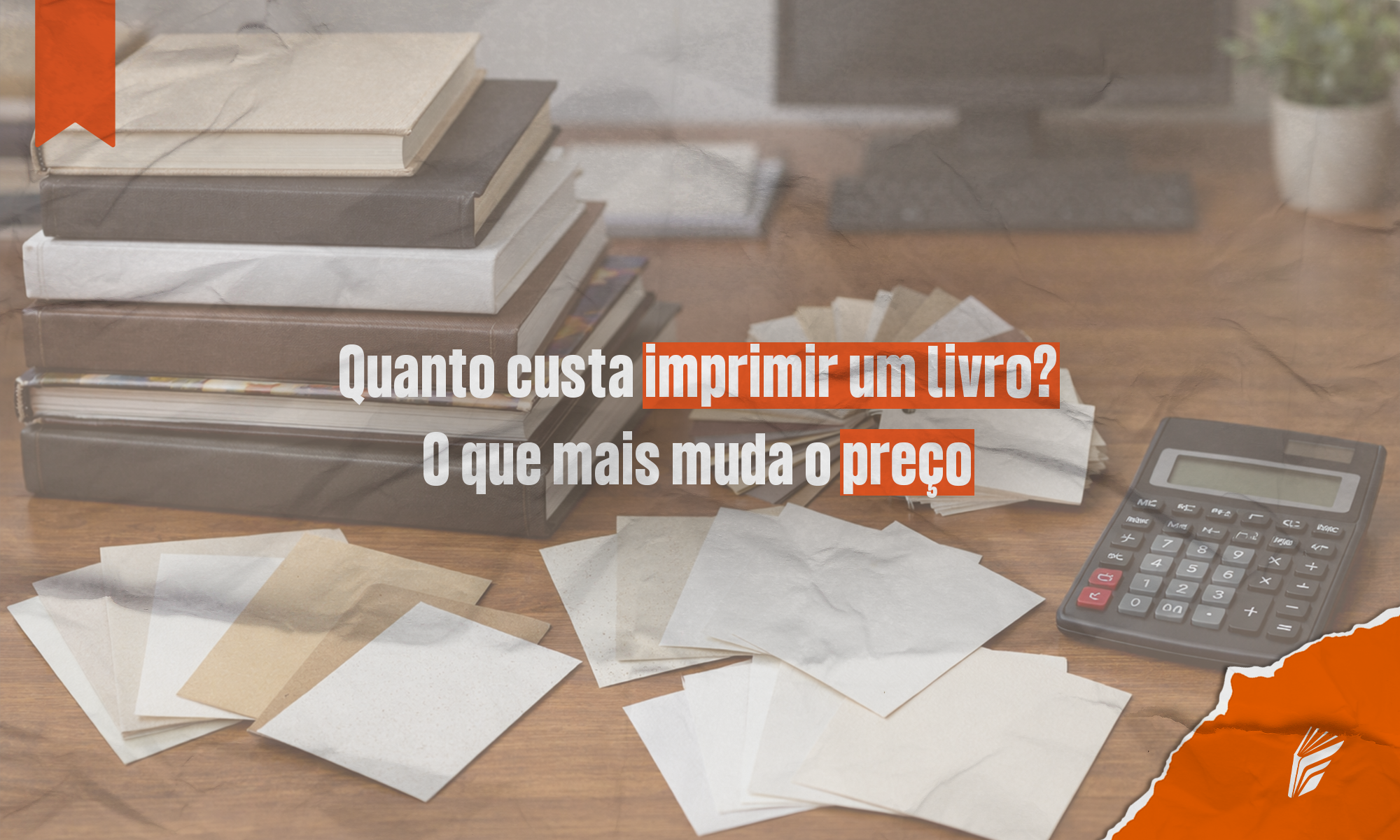 Livros e amostras de papel representando os fatores que influenciam o custo de impressão.